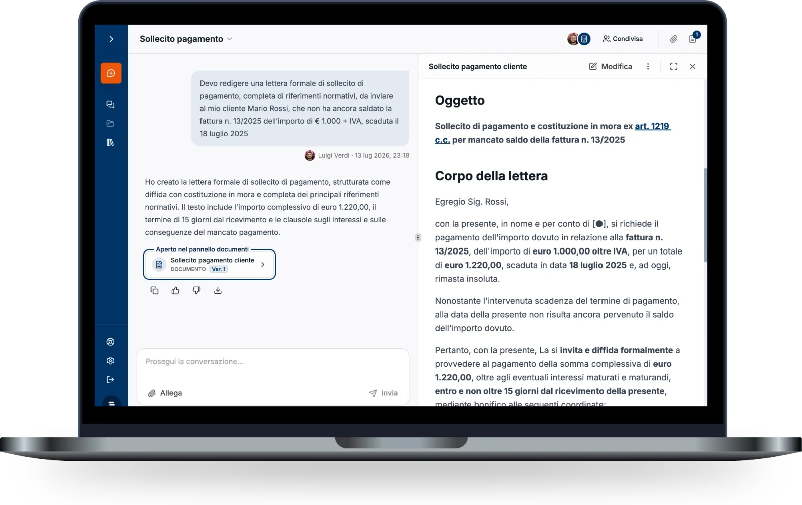 Trovanorma redige una lettera di sollecito di pagamento con riferimenti normativi, in un pannello documenti affiancato alla chat