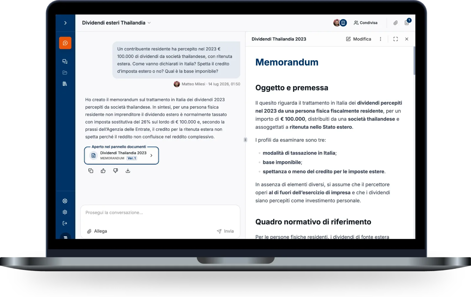 Trovanorma redige un memorandum sul trattamento fiscale di dividendi esteri, in un pannello documenti affiancato alla chat